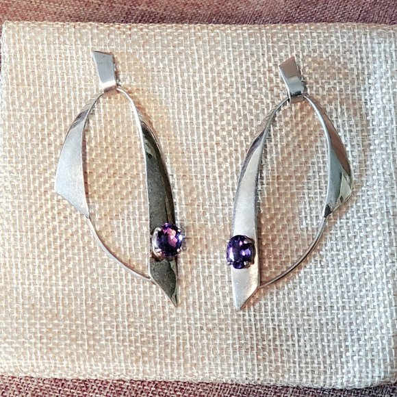 Sterling Hoop Amethyst Earrings - Picture 2 of 7